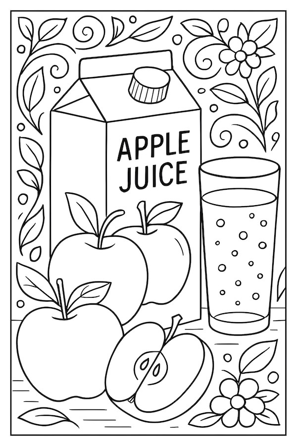 Coloring page of a carton labeled 'Apple Juice', a glass filled with bubbles, and apples, surrounded by flowers and swirls