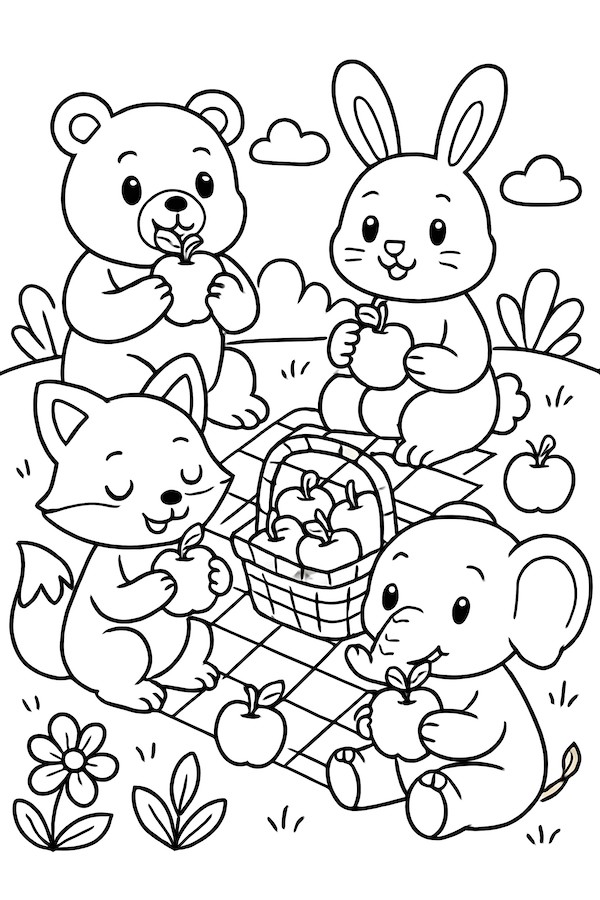 Coloring page featuring cartoon animals, including a bear, rabbit, fox, and elephant, having a picnic with apples and a picnic basket on a grassy area