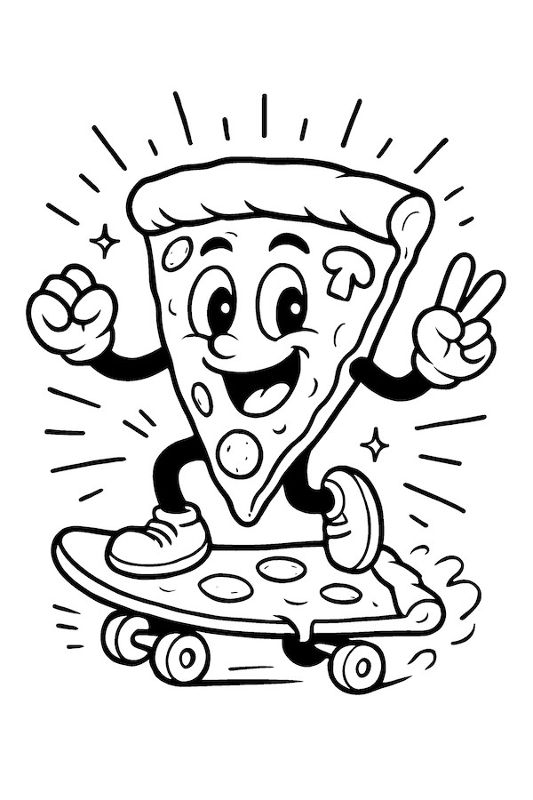 Cartoon pizza slice character skateboarding with a peace sign and expressive features