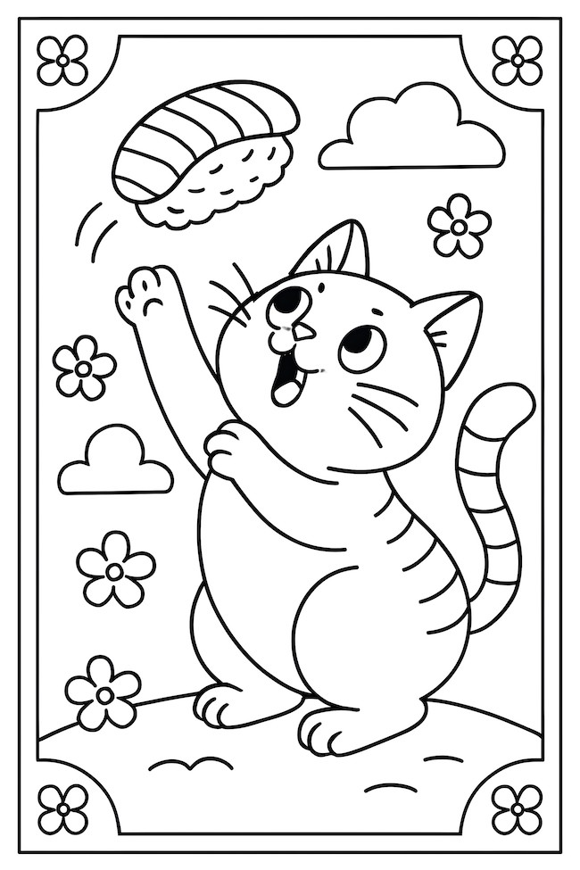 Coloring page of a cat reaching up toward a flying piece of sushi amidst clouds and flowers