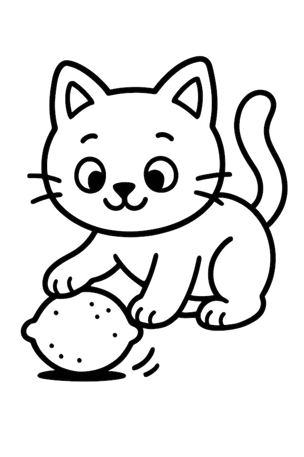 Coloring page of a playful cat interacting with a rolling lemon on the floor