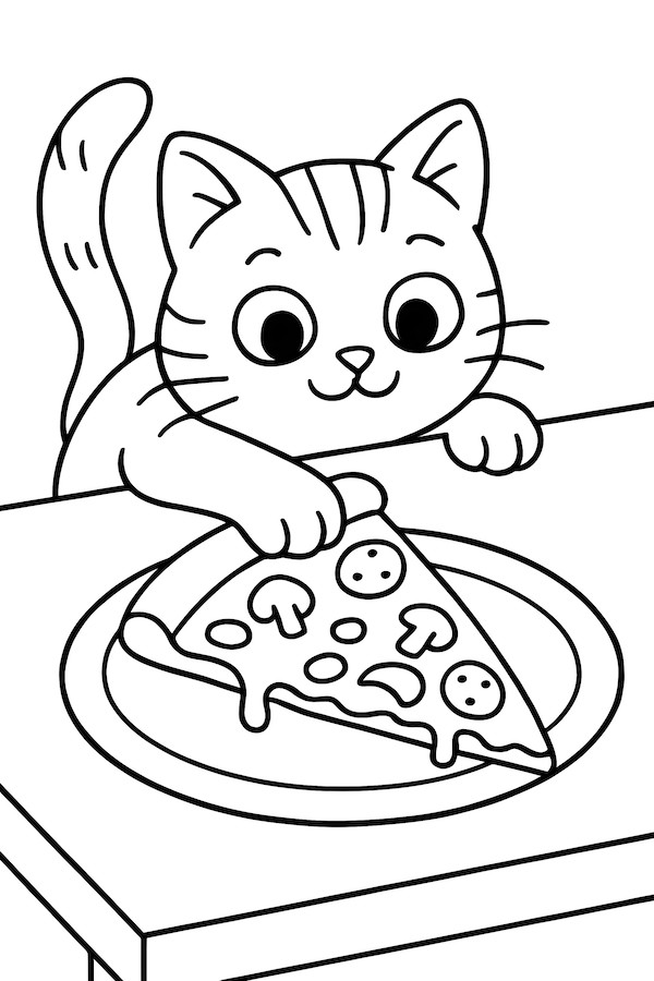 Coloring page of a cat leaning over a table to grab a slice of pizza topped with mushrooms and pepperoni