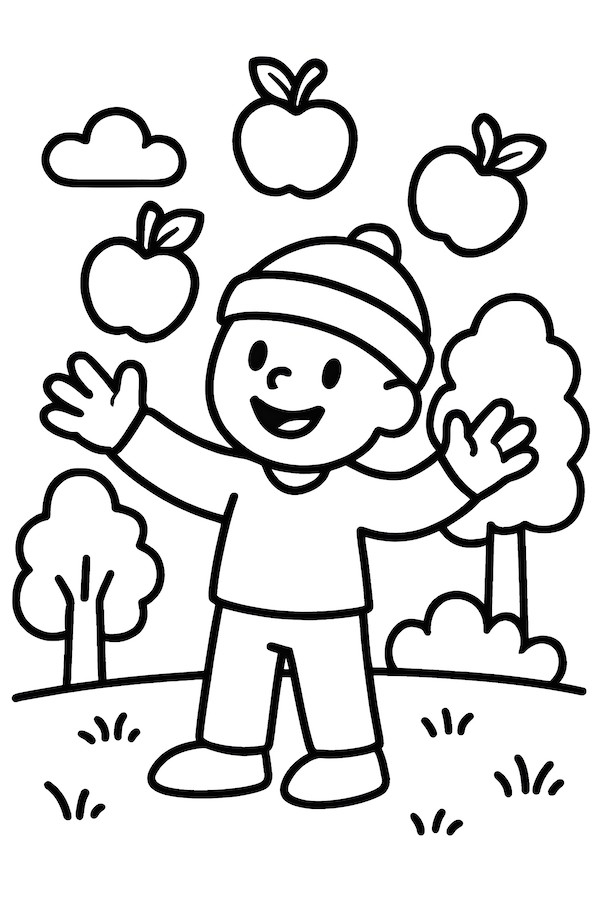 Coloring page of a character juggling apples in a park with trees and clouds