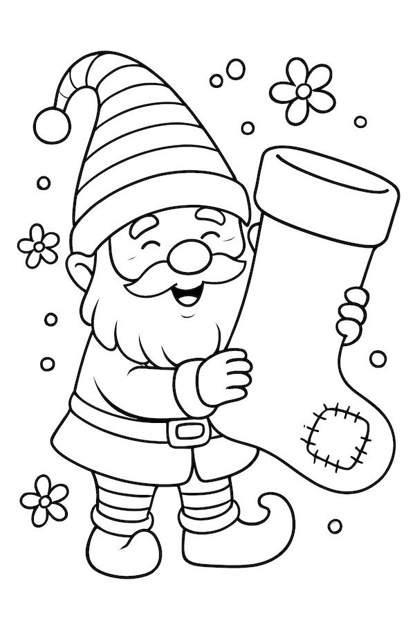 Coloring page of a cheerful gnome with a striped hat holding a large, patched stocking surrounded by flowers