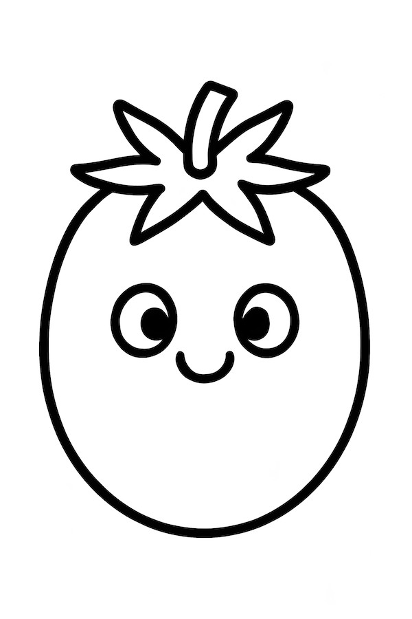 Coloring page of a smiling roma tomato with large eyes and a green crown of leaves