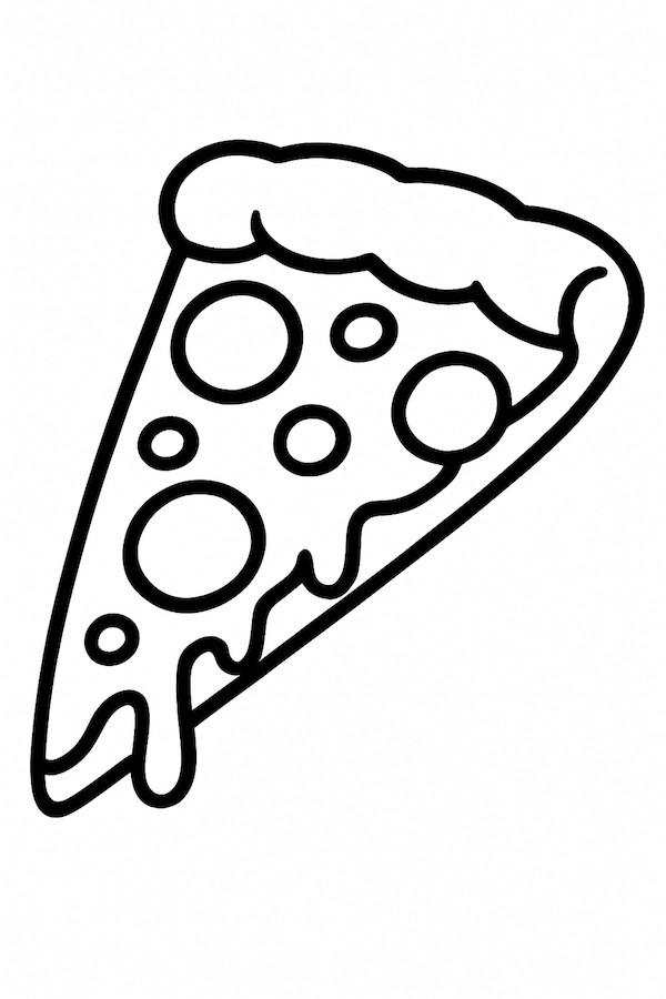 Coloring page of a single cheese pizza slice with melted cheese and pepperoni