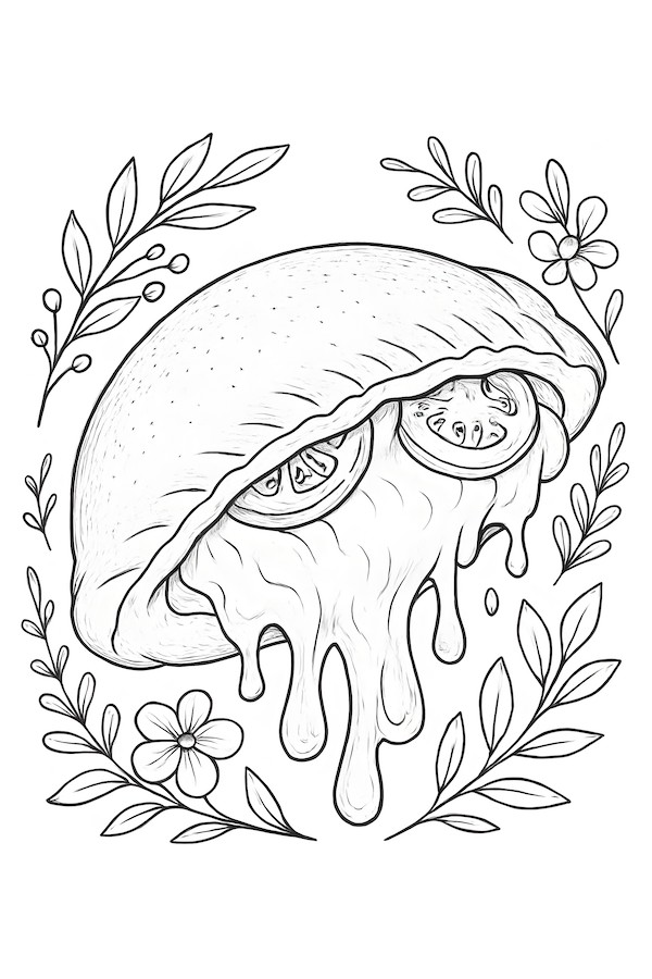 Coloring page of a calzone overflowing with cheese and visible tomato slices, adorned with flowers and leaves