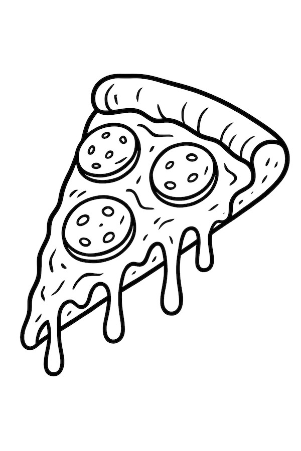 Coloring page of a triangular slice of pizza topped with melted cheese and pepperoni slices