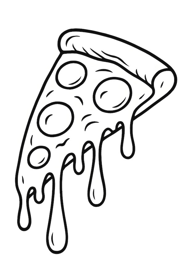 Coloring page of a pizza slice with dripping cheese, featuring round pepperoni slices