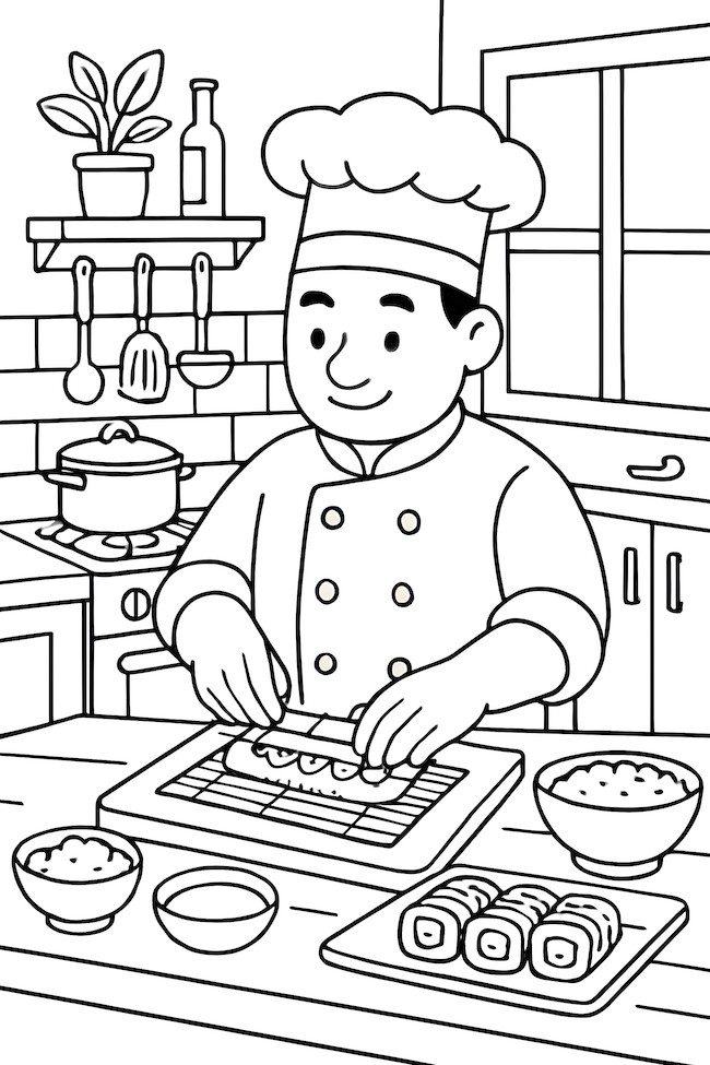 Coloring page depicting a chef skillfully crafting sushi rolls in a cozy kitchen with various ingredients and cooking utensils