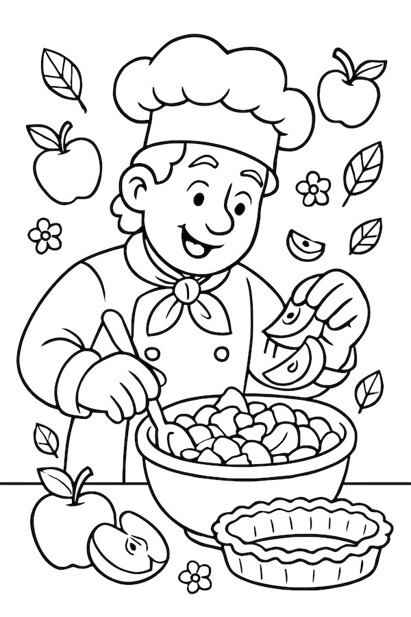 Coloring page of a chef mixing apple pie filling in a bowl with apples and a pie crust nearby