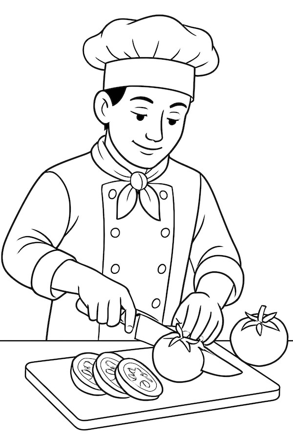 Coloring page of a chef slicing a tomato carefully on a cutting board surrounded by more tomatoes