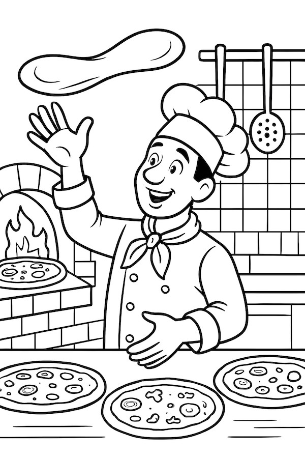 Coloring page of a chef in a pizza kitchen tossing fresh dough with pizza trays nearby and an oven in the background