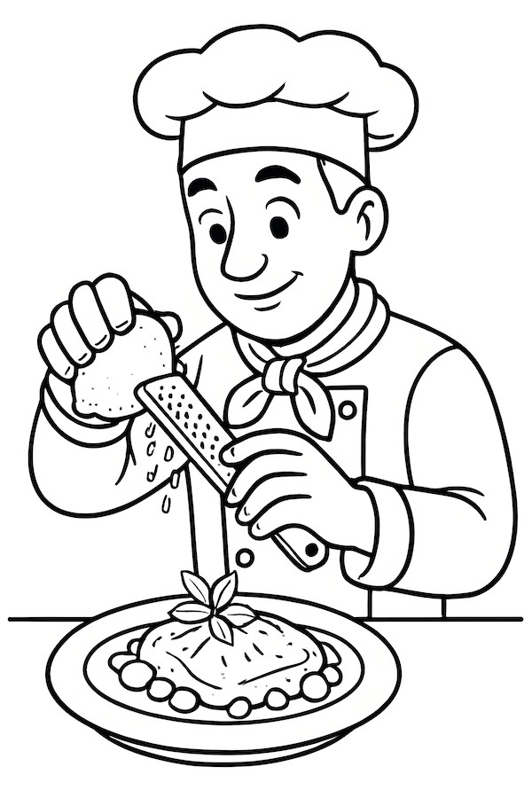 Coloring page of a chef zesting a lemon over a plated dish, with a smiling expression and chef's attire