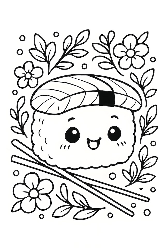 Coloring page of a chibi sushi character smiling, surrounded by flowers and leaves with chopsticks underneath