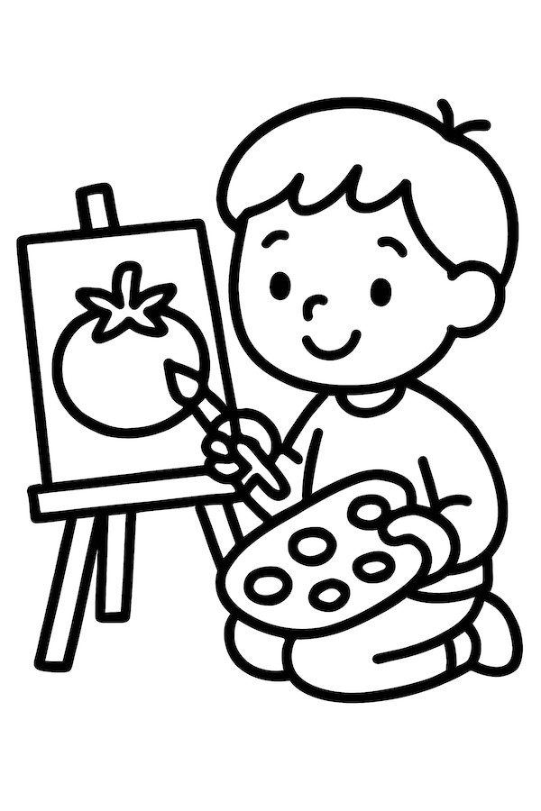 Coloring page of a child kneeling and painting a picture of a tomato on an easel, holding a palette with paint circles