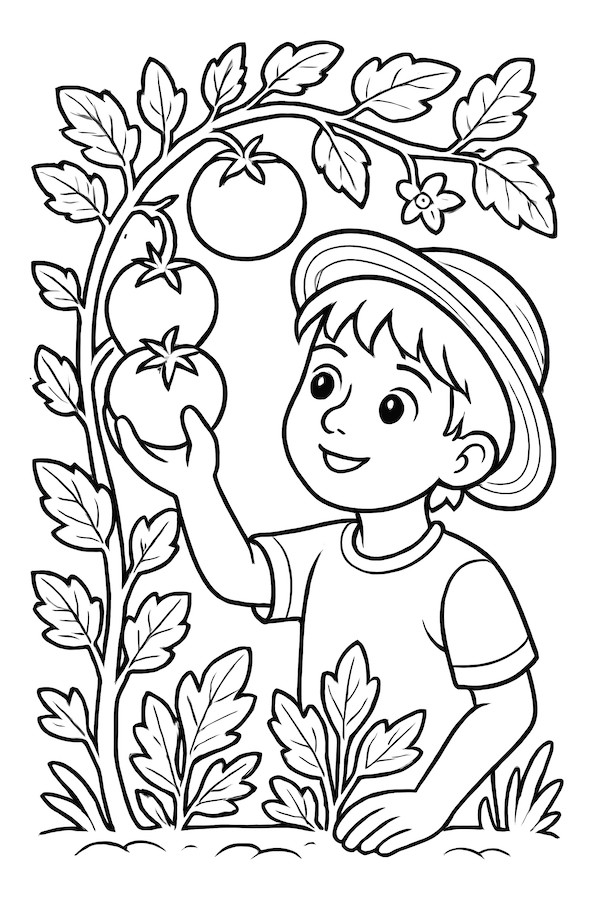 Coloring page of a child with a straw hat holding a tomato from a garden vine filled with leaves and ripe tomatoes