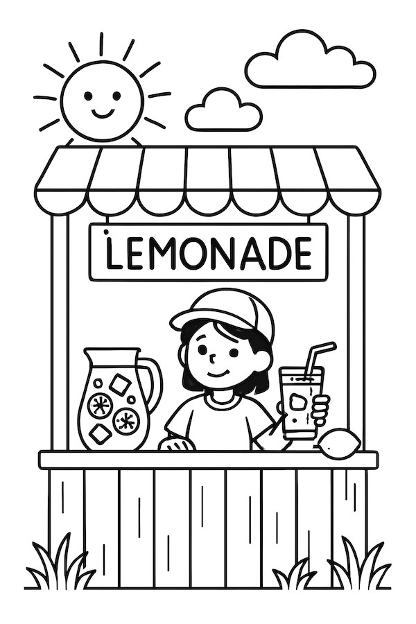 Coloring page of a child at a lemonade stand with a pitcher, drink, and sun in the background