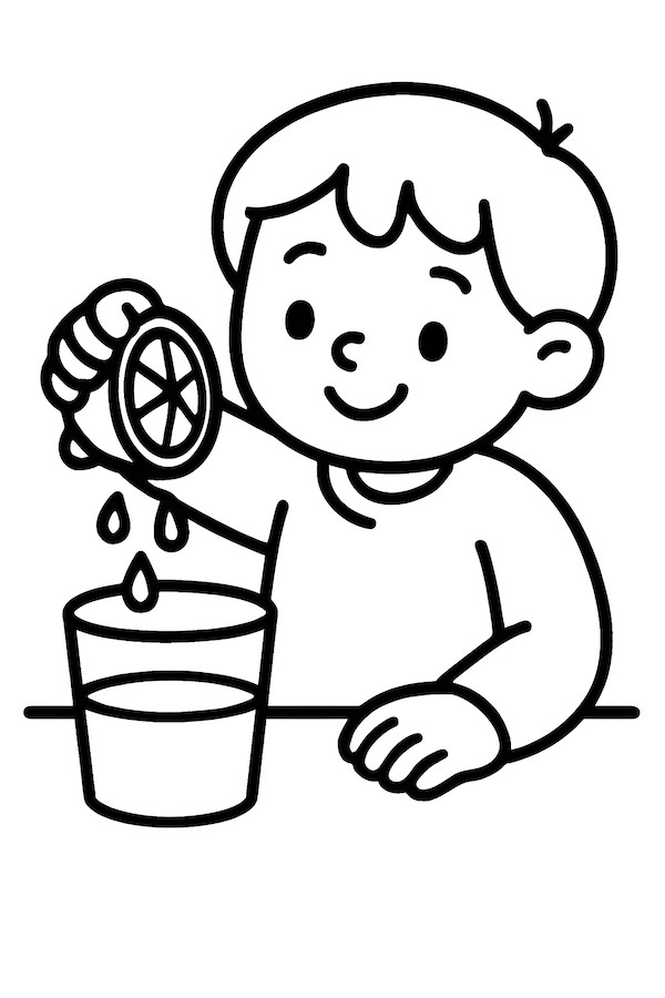Coloring page depicting a child squeezing a lemon into a glass with lemon juice dripping
