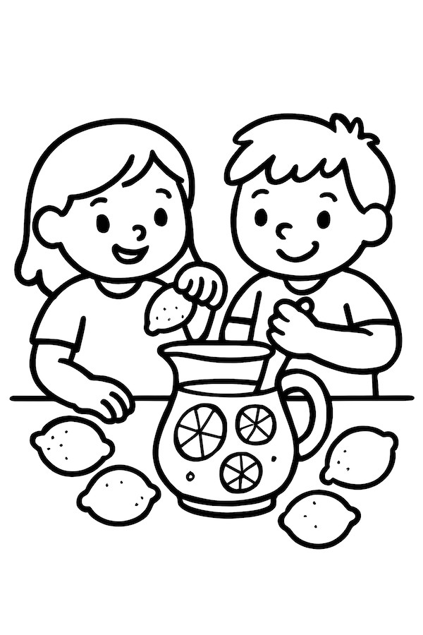 Coloring page of two children preparing lemonade with lemons and a pitcher