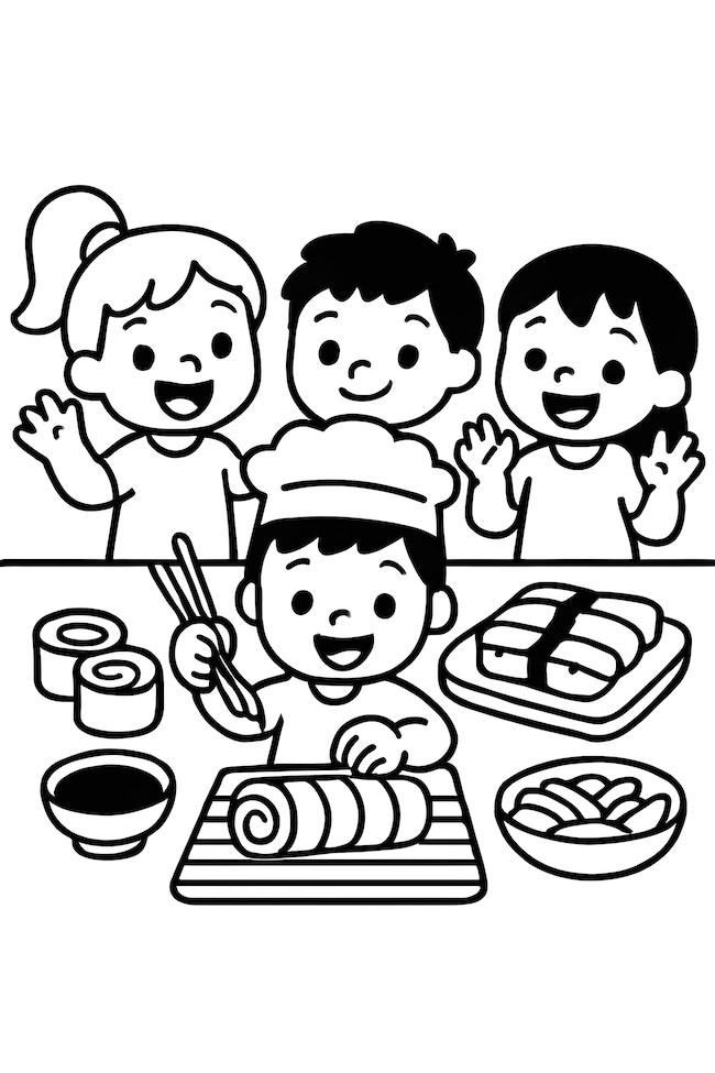 Coloring page of children engaged in a sushi-making class with one child using chopsticks and sushi dishes visible on the table