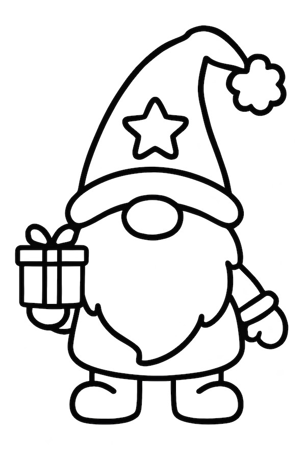 Coloring page of a Christmas gnome wearing a tall, pointed hat with a fluffy pom-pom and holding a present