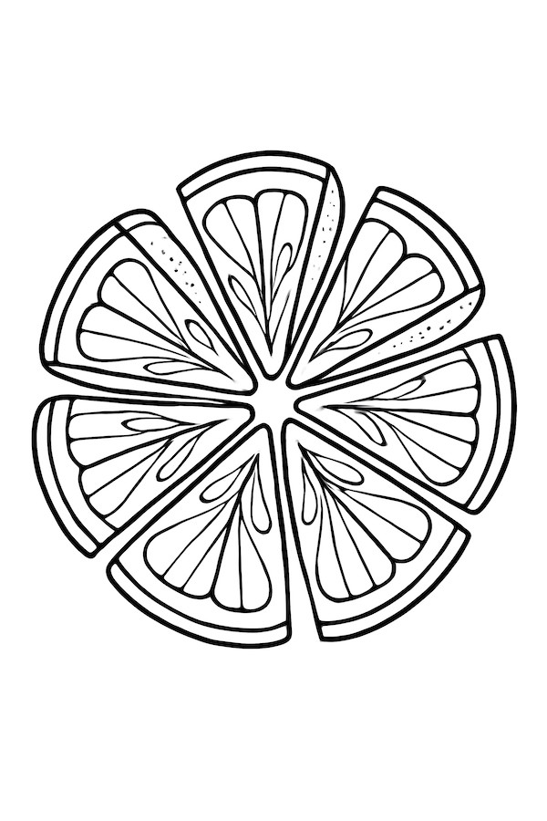 Coloring page featuring a circle of lemon wedges arranged with detailed sections and seeds visible