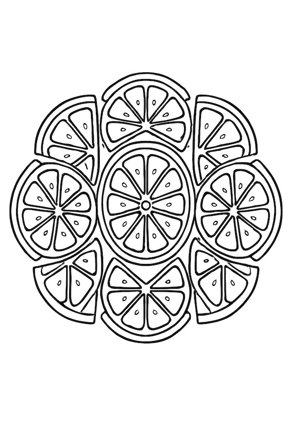 Coloring page featuring a circular arrangement of repeating pizza slice shapes with crust and toppings