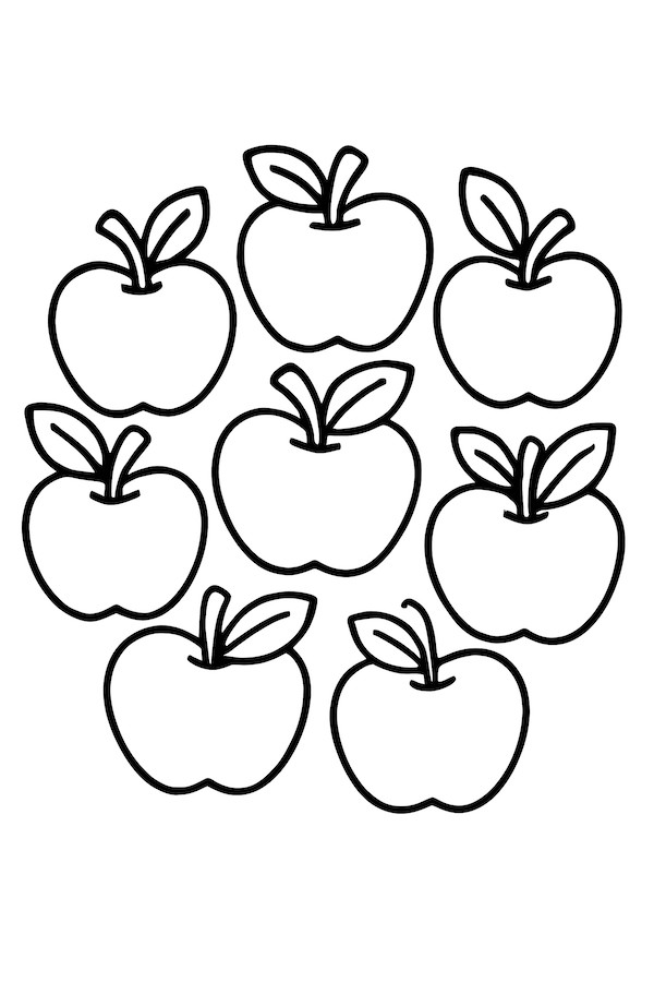 Coloring page featuring multiple apple motifs arranged in a circular pattern, each with a leaf