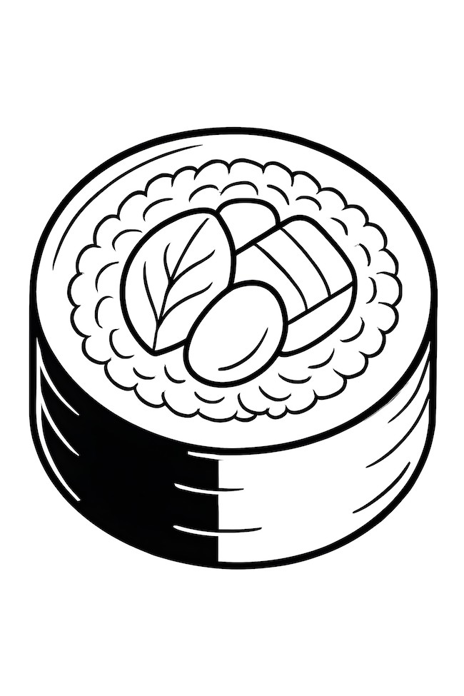 Coloring page of a circular sushi roll wrapped in black seaweed, featuring rice, fish, and leaf details on top