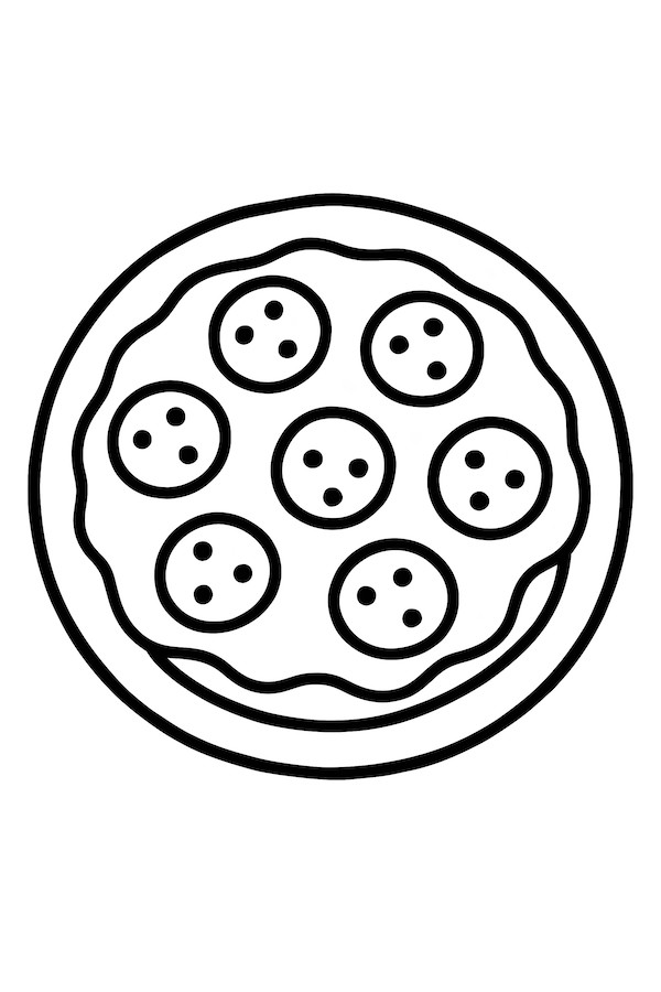 Line drawing of a classic pepperoni pizza featuring circular pepperoni slices and cheese on a round crust