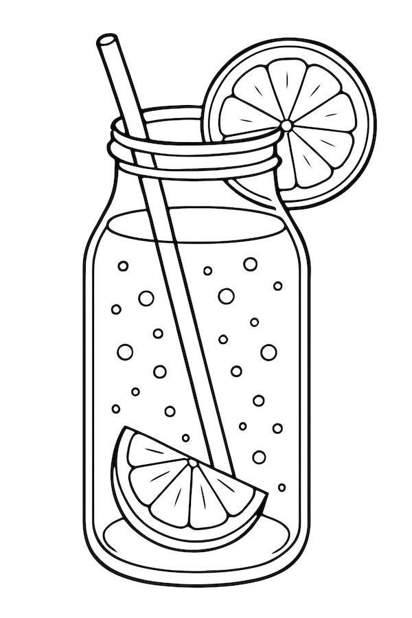 Coloring page of a clear bottle filled with lemonade, a straw, and a lemon slice garnish on the rim
