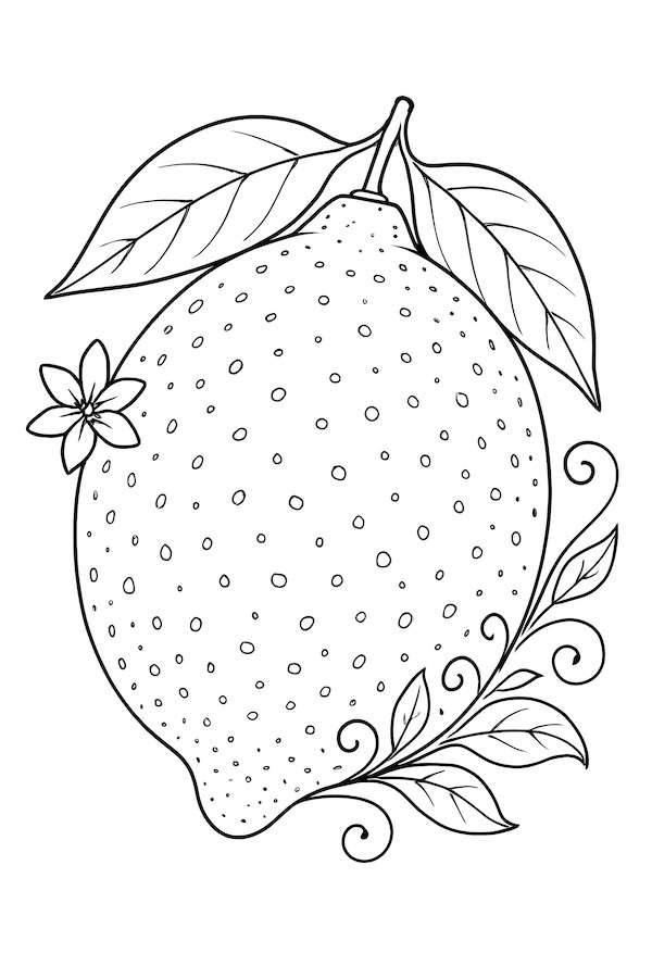 Coloring page of a detailed close-up of a lemon surrounded by leaves and a flower