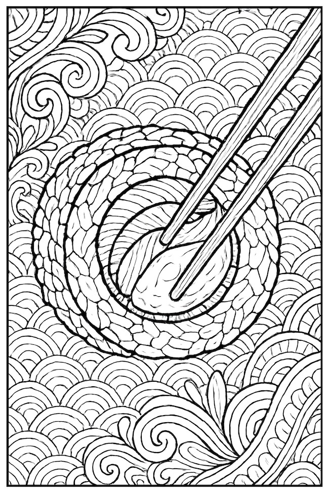 Coloring page of a sushi roll being held by chopsticks, surrounded by intricate wave patterns