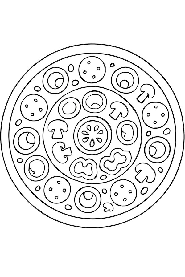 Coloring page featuring concentric circles of various pizza toppings including mushrooms, olives, and pepperoni slices