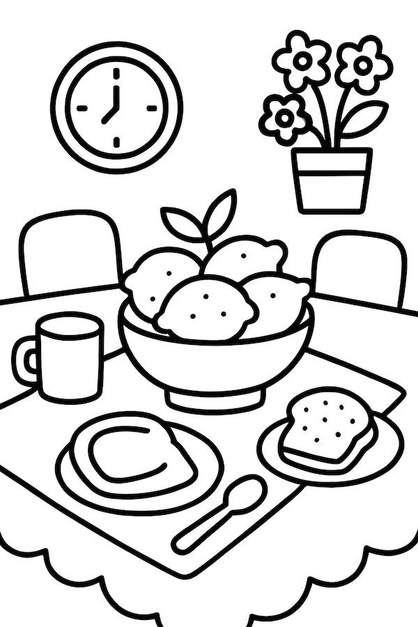 Coloring page of a breakfast table featuring a bowl of lemons, a cup, plate, spoon, and flowers in a pot
