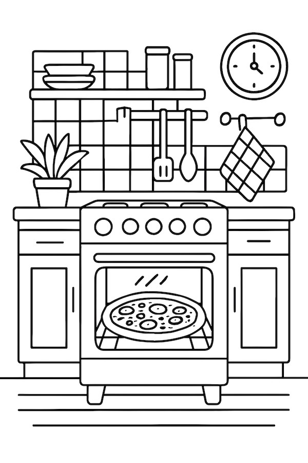 Coloring page of a cozy kitchen scene with a pizza baking in the oven, featuring shelves with dishes and utensils