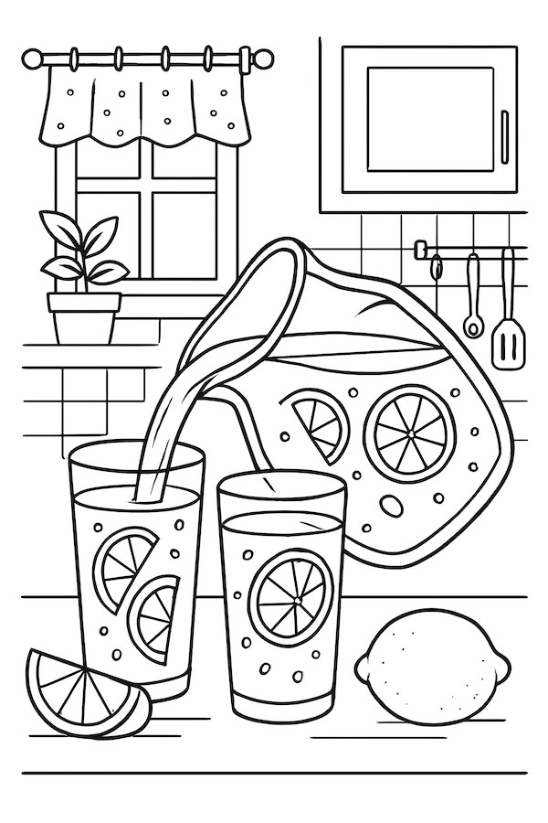 Coloring page of a cozy kitchen with a lemonade pitcher pouring into glasses, featuring sliced lemons and a plant on the windowsill