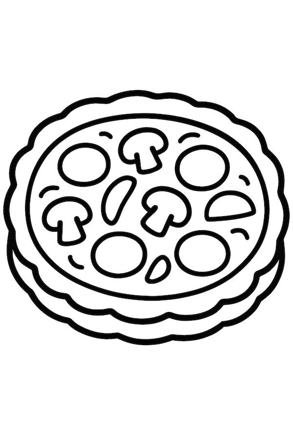 Coloring page of a pizza with a crispy crust, topped with slices of pepperoni and mushrooms
