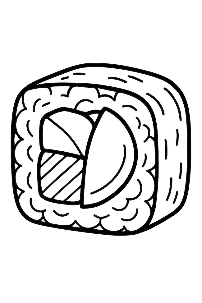Coloring page of sushi showcasing a cross-section revealing crab and avocado filling inside rice and seaweed