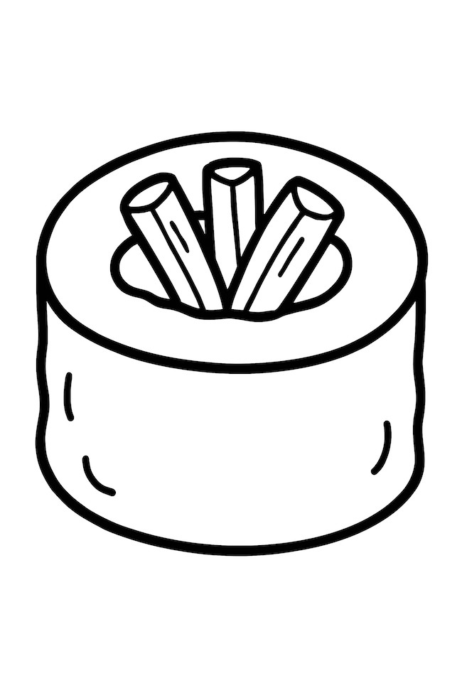 Coloring page of a cucumber sushi roll featuring cucumber strips and a cylindrical rice base