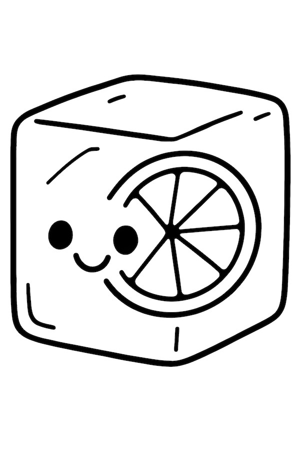 Coloring page of a smiling ice cube with a lemon slice embedded inside and rounded edges