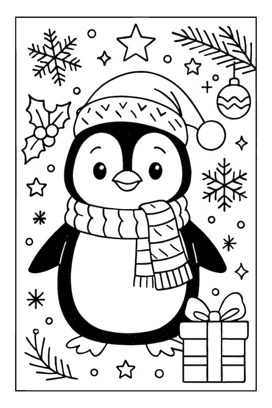 Penguin in a Christmas hat and scarf surrounded by snowflakes, stars, and a gift box