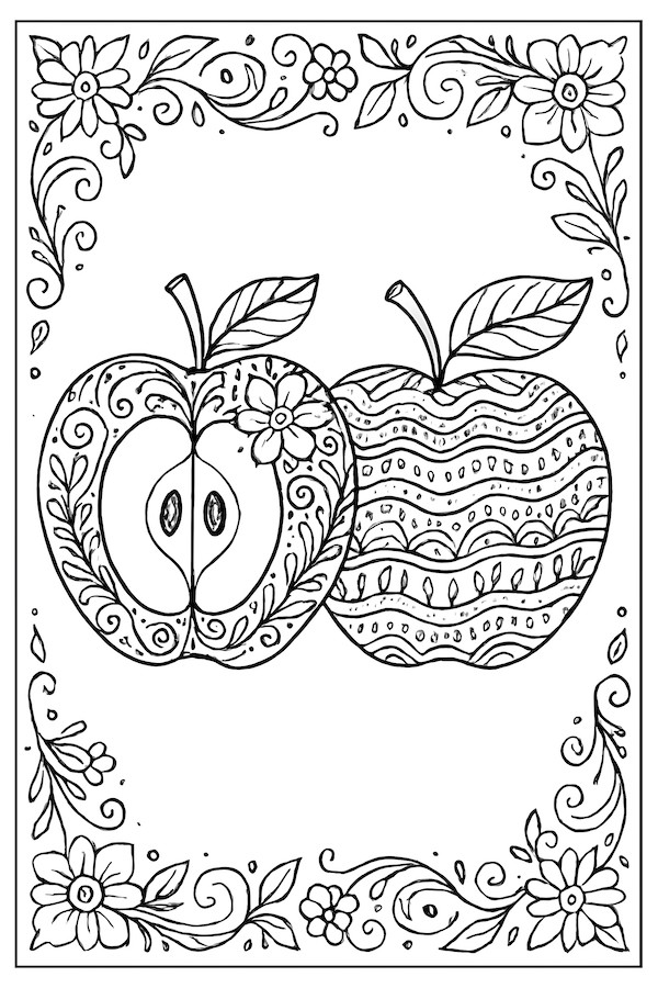 Coloring page depicting two stylized apples showcasing different designs, one cut open to reveal seeds, surrounded by floral decorations.