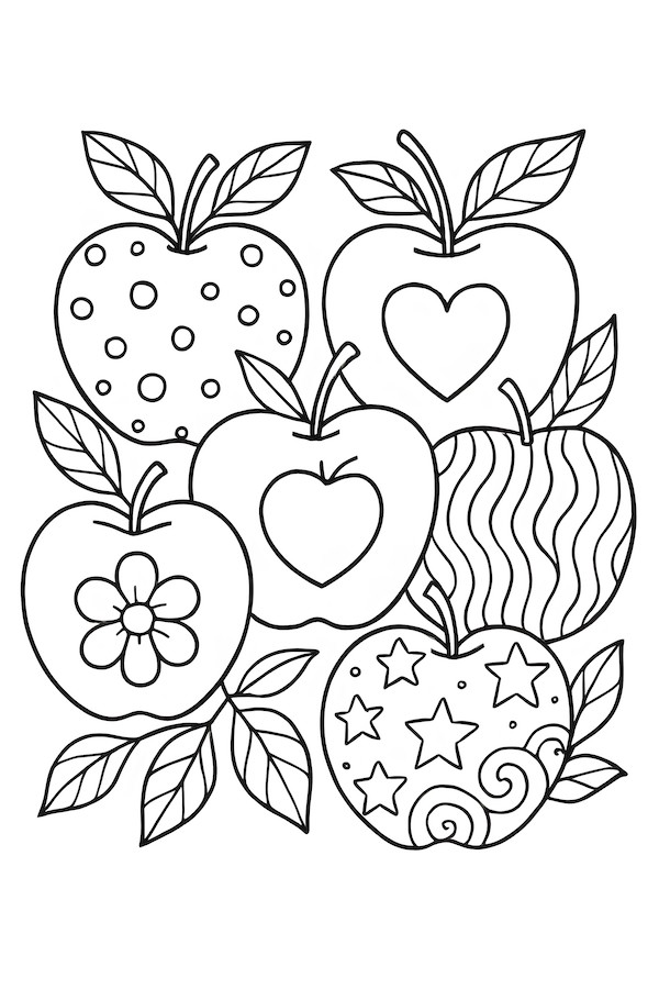 Coloring page of six apples with various decorations, including hearts, flowers, and patterns, surrounded by leaves