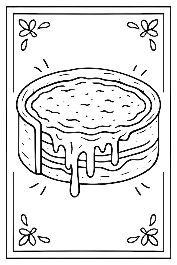 Coloring page of a deep-dish pizza with melted cheese and sauce oozing from layers