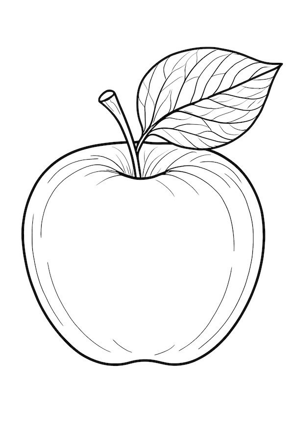 Coloring page of an apple with intricate leaf veins and a distinct stem