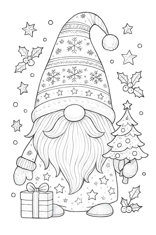 Coloring page of a detailed Christmas gnome wearing a patterned hat, holding a small tree, with presents and holly in the background