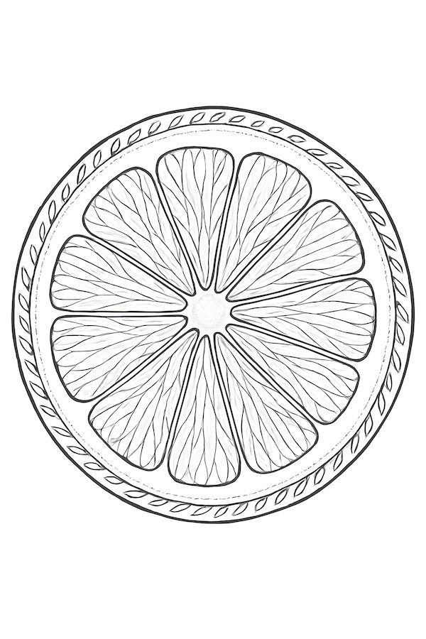Coloring page showcasing a detailed cross-section of a lemon with intricate seed and rind patterns