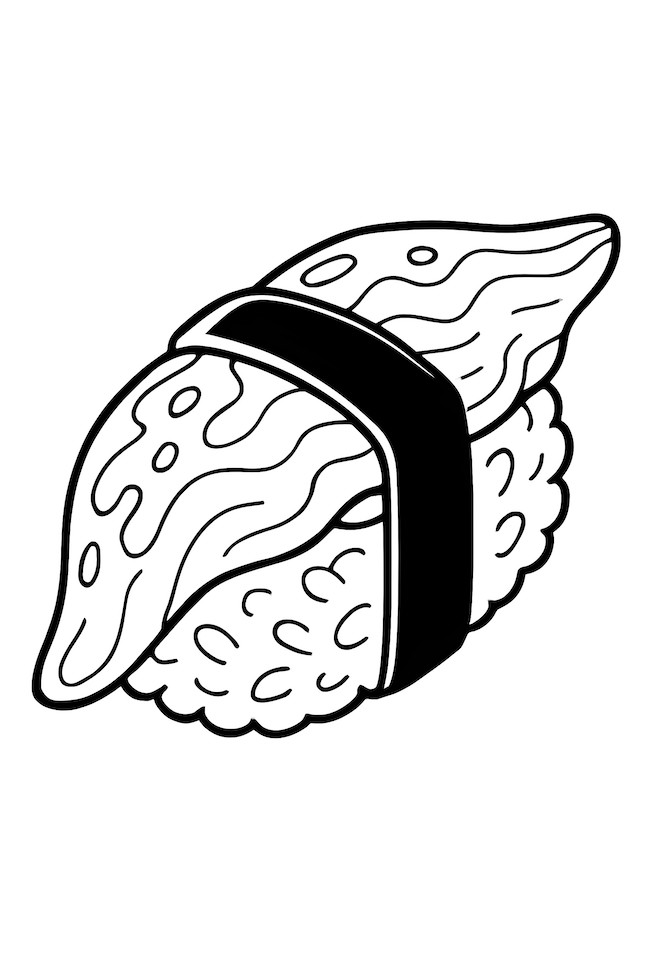 Coloring page of eel sushi featuring glossy sauce and seaweed wrap